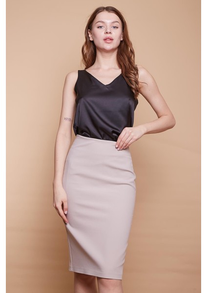 Astarlı Yüksek Bel Diz Altı Hafif Likralı Yırtmaçlı Kumaş Ofis Kalem Etek-Taş