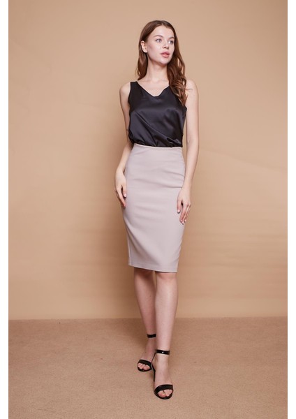 Astarlı Yüksek Bel Diz Altı Hafif Likralı Yırtmaçlı Kumaş Ofis Kalem Etek-Taş fiyatları