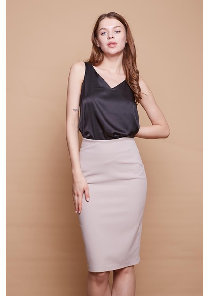 Astarlı Yüksek Bel Diz Altı Hafif Likralı Yırtmaçlı Kumaş Ofis Kalem Etek-Taş modelleri