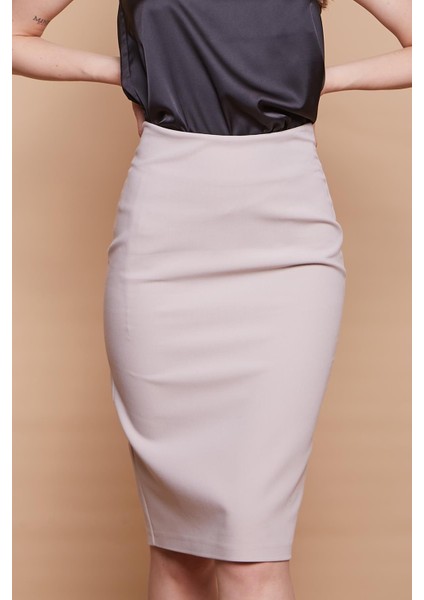 Astarlı Yüksek Bel Diz Altı Hafif Likralı Yırtmaçlı Kumaş Ofis Kalem Etek-Taş fırsatları