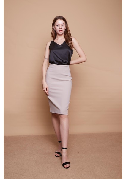 Astarlı Yüksek Bel Diz Altı Hafif Likralı Yırtmaçlı Kumaş Ofis Kalem Etek-Taş indirimleri