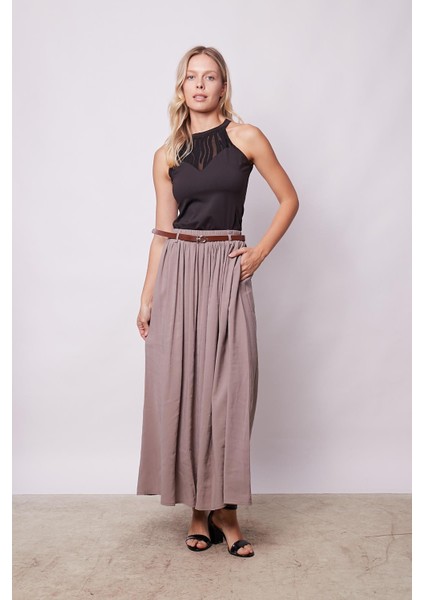 Kadın Ipeksi Dokulu Modal Kumaş Cepli Beli Lastikli Bilek Boy Uzun Etek(Deri Kemer Dahil)-Duman Gri