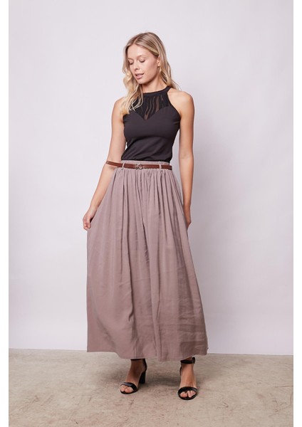 Kadın Ipeksi Dokulu Modal Kumaş Cepli Beli Lastikli Bilek Boy Uzun Etek(Deri Kemer Dahil)-Duman Gri fiyatları