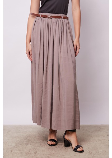 Kadın Ipeksi Dokulu Modal Kumaş Cepli Beli Lastikli Bilek Boy Uzun Etek(Deri Kemer Dahil)-Duman Gri modelleri