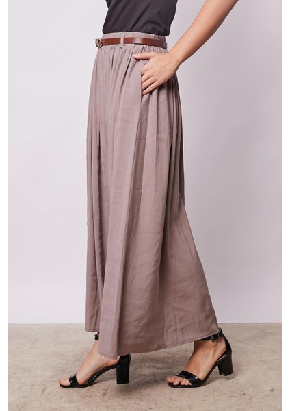 Kadın Ipeksi Dokulu Modal Kumaş Cepli Beli Lastikli Bilek Boy Uzun Etek(Deri Kemer Dahil)-Duman Gri fırsatları