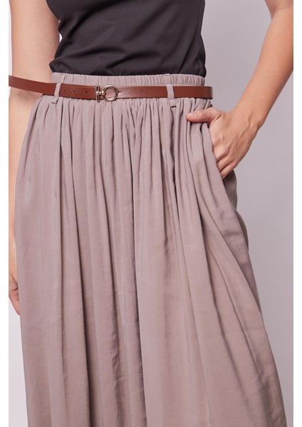 Kadın Ipeksi Dokulu Modal Kumaş Cepli Beli Lastikli Bilek Boy Uzun Etek(Deri Kemer Dahil)-Duman Gri indirimleri