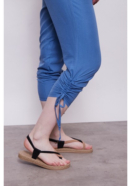 Iç Göstermez Viskon Poplin Beli Lastikli Cepli Paçası Büzgülü Rahat Pantolon -Indigo indirimleri