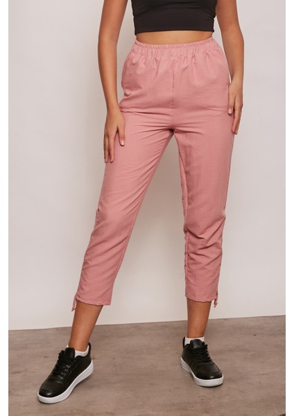 Iç Göstermez Viskon Poplin Beli Lastikli Cepli Paçası Büzgülü Rahat Pantolon-Soft Rose modelleri