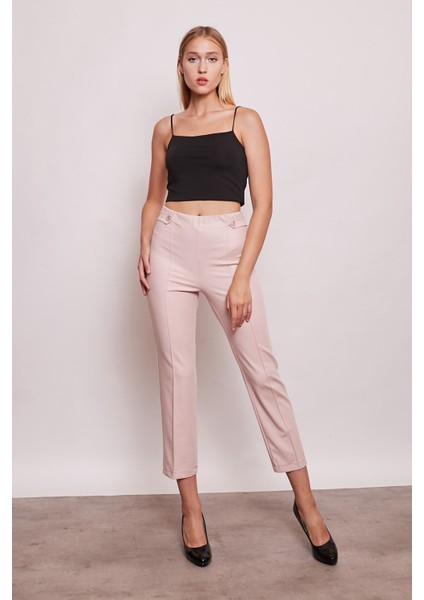 Kadın Yüksek Bel Önü Dikişli Beli Apoletli Düğmeli Boru Paça Kumaş Pantolon-Pudra
