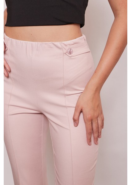 Kadın Yüksek Bel Önü Dikişli Beli Apoletli Düğmeli Boru Paça Kumaş Pantolon-Pudra fiyatları