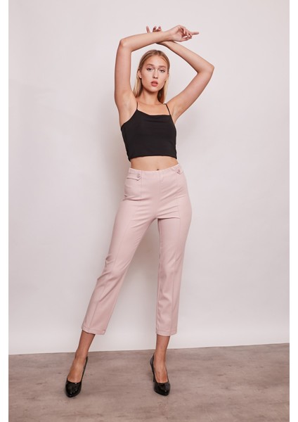Kadın Yüksek Bel Önü Dikişli Beli Apoletli Düğmeli Boru Paça Kumaş Pantolon-Pudra modelleri
