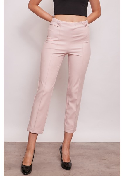 Kadın Yüksek Bel Önü Dikişli Beli Apoletli Düğmeli Boru Paça Kumaş Pantolon-Pudra fırsatları