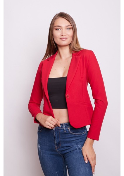 Yakalı Flato Cepli Uzun Kol Pamuklu Kumaş Kısa Blazer Ofis Ceket -Kırmızı modelleri