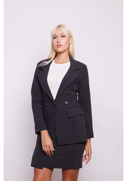 Yakalı Cep Kapaklı Kolları Düğmeli Uzun Kol Blazer Uzun Düğmeli Kumaş Ceket-Antrasit fiyatları