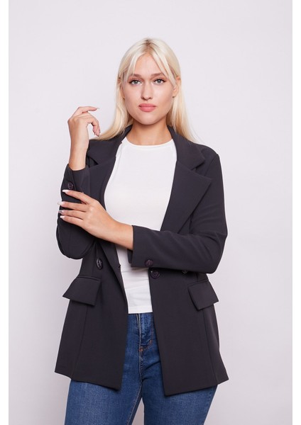 Yakalı Cep Kapaklı Kolları Düğmeli Uzun Kol Blazer Uzun Düğmeli Kumaş Ceket-Antrasit modelleri