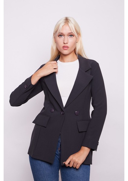 Yakalı Cep Kapaklı Kolları Düğmeli Uzun Kol Blazer Uzun Düğmeli Kumaş Ceket-Antrasit fırsatları