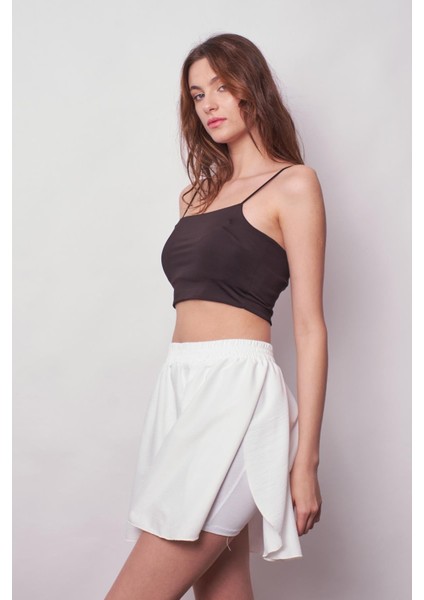 Kadın Bol Kesim Yüksek Bel Beli Lastikli Taytlı Spor Şort Etek-Beyaz fırsatları