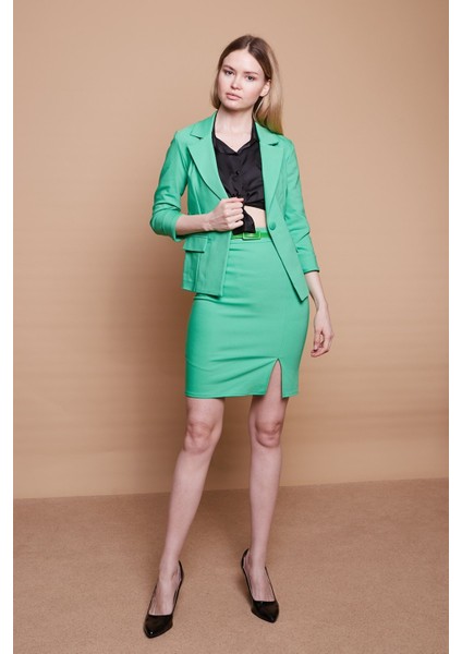 Astarlı Yüksek Bel Önden Yırtmaçlı Deri Kemerli Pamuklu Hafif Likralı Kumaş Kalem Etek(Kemer Dahil)-B.yeşil