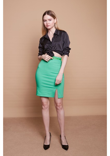 Astarlı Yüksek Bel Önden Yırtmaçlı Deri Kemerli Pamuklu Hafif Likralı Kumaş Kalem Etek(Kemer Dahil)-B.yeşil modelleri