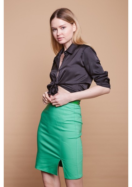 Astarlı Yüksek Bel Önden Yırtmaçlı Deri Kemerli Pamuklu Hafif Likralı Kumaş Kalem Etek(Kemer Dahil)-B.yeşil fırsatları