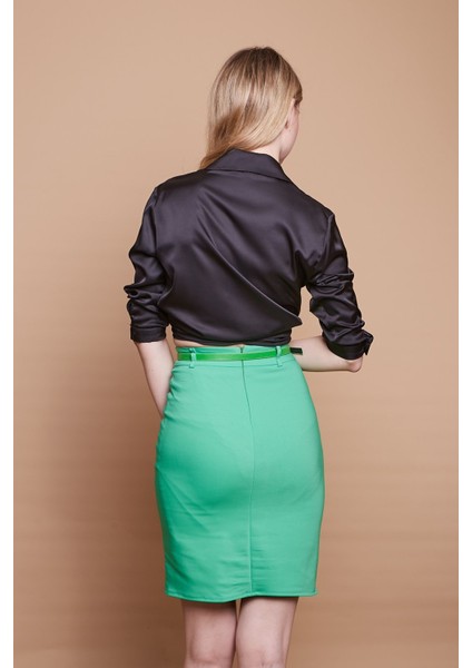 Astarlı Yüksek Bel Önden Yırtmaçlı Deri Kemerli Pamuklu Hafif Likralı Kumaş Kalem Etek(Kemer Dahil)-B.yeşil indirimleri