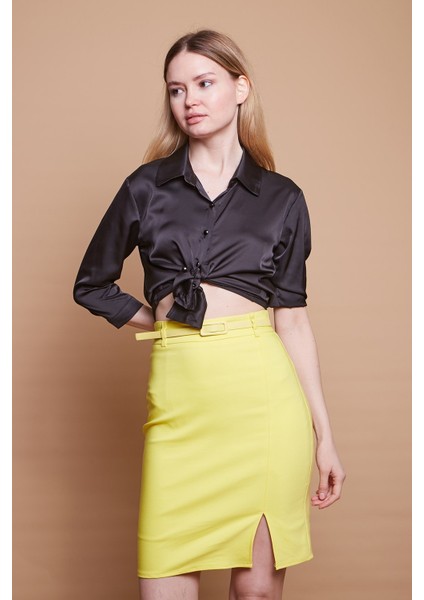 Astarlı Yüksek Bel Önden Yırtmaçlı Deri Kemerli Pamuklu Hafif Likralı Kumaş Kalem Etek(Kemer Dahil)-Sarı modelleri