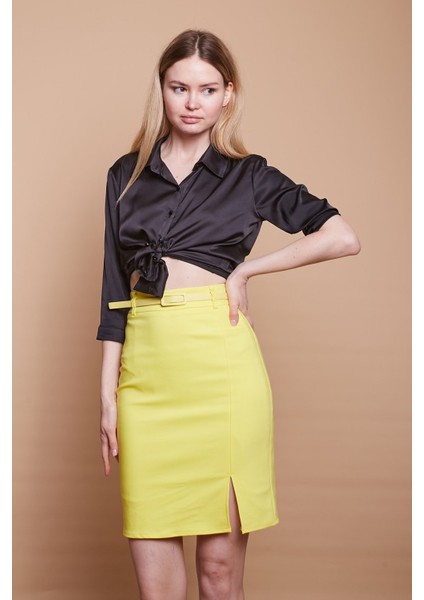 Astarlı Yüksek Bel Önden Yırtmaçlı Deri Kemerli Pamuklu Hafif Likralı Kumaş Kalem Etek(Kemer Dahil)-Sarı indirimleri