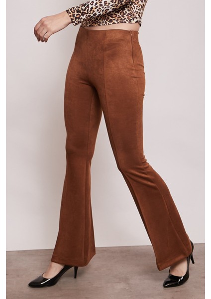 Süet Likralı Kumaş Yüksek Bel Ön Arka Dikişli İsanyol Paça Tayt Pantolon-Taba fiyatları