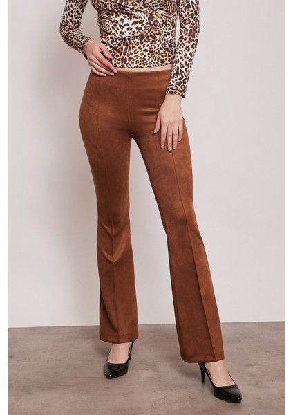 Süet Likralı Kumaş Yüksek Bel Ön Arka Dikişli İsanyol Paça Tayt Pantolon-Taba modelleri