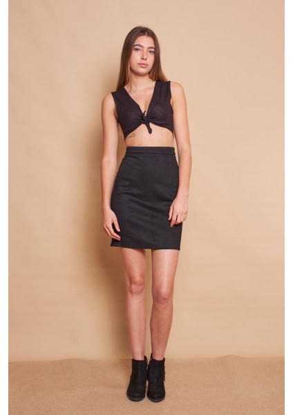 Kadın Hafif Likralı Süet Kumaş Yüksek Bel Diz Üstü Kalem Etek-Siyah