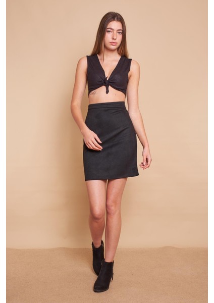 Kadın Hafif Likralı Süet Kumaş Yüksek Bel Diz Üstü Kalem Etek-Siyah fiyatları