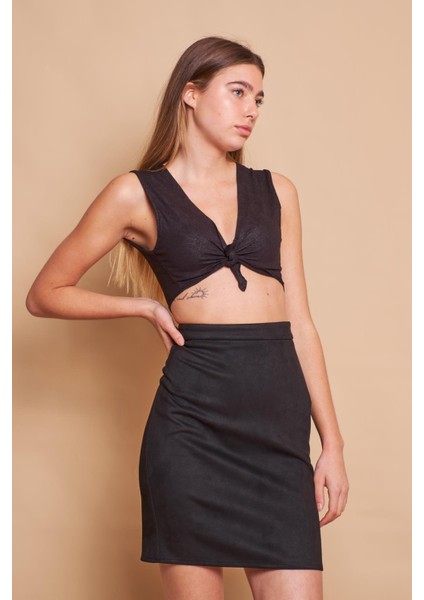 Kadın Hafif Likralı Süet Kumaş Yüksek Bel Diz Üstü Kalem Etek-Siyah modelleri