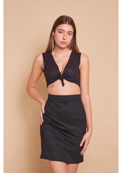 Kadın Hafif Likralı Süet Kumaş Yüksek Bel Diz Üstü Kalem Etek-Siyah fırsatları