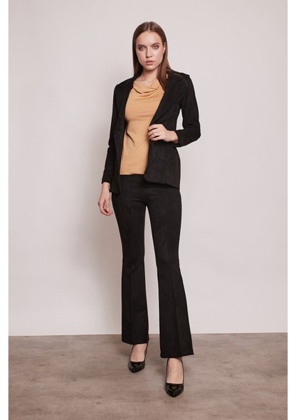 Süet Likralı Kumaş Yüksek Bel Ön Arka Dikişli İsanyol Paça Tayt Pantolon-Siyah