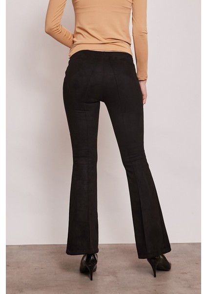 Süet Likralı Kumaş Yüksek Bel Ön Arka Dikişli İsanyol Paça Tayt Pantolon-Siyah fiyatları