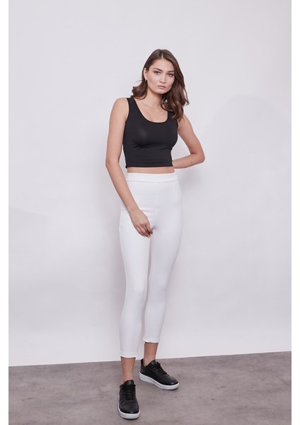 Yüksek Bel Likralı Esnek Kumaş Paça Fermuar Detaylı Şık Kumaş Pantolon-Krem