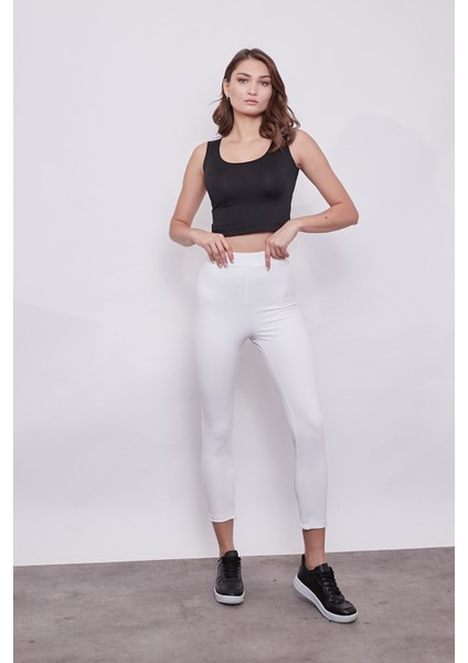 Yüksek Bel Likralı Esnek Kumaş Paça Fermuar Detaylı Şık Kumaş Pantolon-Krem fiyatları