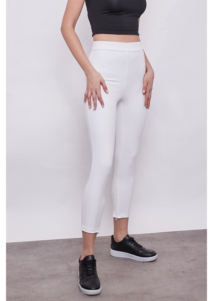 Yüksek Bel Likralı Esnek Kumaş Paça Fermuar Detaylı Şık Kumaş Pantolon-Krem fırsatları