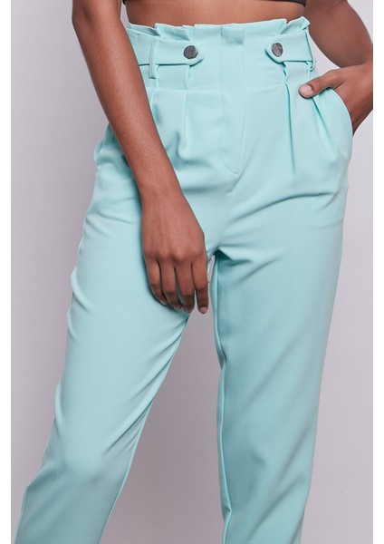 Yüksek Bel Kemerli Pile Ve Düğme Detaylı Şık Kumaş Pantolon -Mint fırsatları