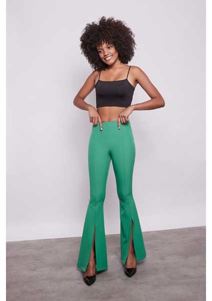 Kadın Yüksek Bel Önü Dikişli Paçası Yırtmaçlı İspanyol Paça Likralı Pantolon-B.Yeşil fiyatları