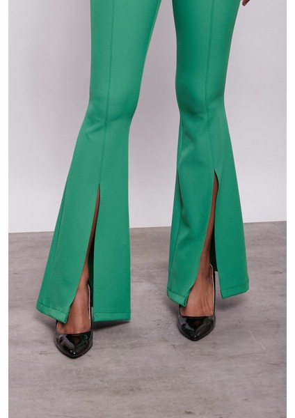 Kadın Yüksek Bel Önü Dikişli Paçası Yırtmaçlı İspanyol Paça Likralı Pantolon-B.Yeşil modelleri