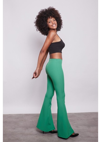 Kadın Yüksek Bel Önü Dikişli Paçası Yırtmaçlı İspanyol Paça Likralı Pantolon-B.Yeşil fırsatları
