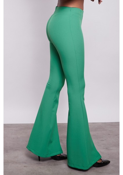 Kadın Yüksek Bel Önü Dikişli Paçası Yırtmaçlı İspanyol Paça Likralı Pantolon-B.Yeşil indirimleri