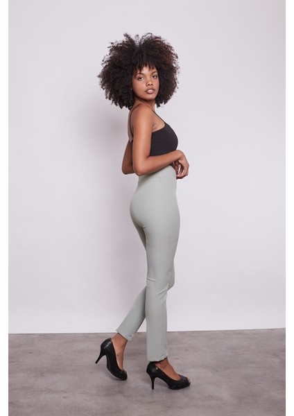 Yüksek Bel Önü Dikişli Kemeri Kruvaze Dar Paça Pamuklu Likralı Pantolon-Çağla Yeşili fiyatları