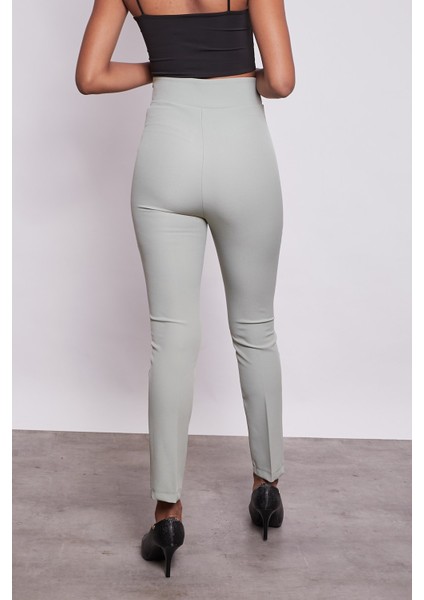 Yüksek Bel Önü Dikişli Kemeri Kruvaze Dar Paça Pamuklu Likralı Pantolon-Çağla Yeşili fırsatları