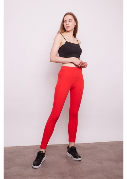 Power Strech Likralı Dar Kesim Yüksek Bel Beli Lastikli Bilek Boy Kumaş Pantolon-Mercan