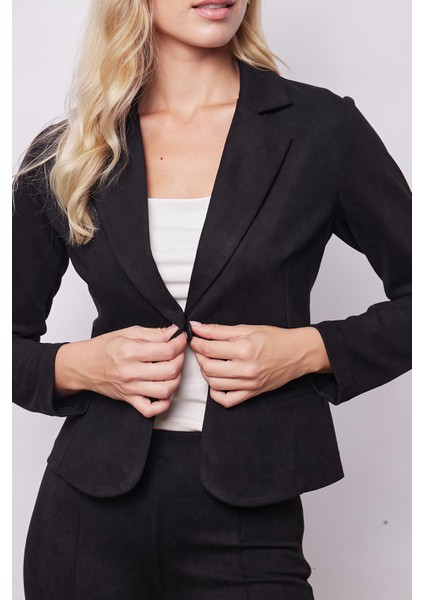 Kadın Kadife Likralı Yumuşak Dokulu Flato Cepli Uzun Kol Düğmeli Blazer Mono Ceket-Siyah modelleri