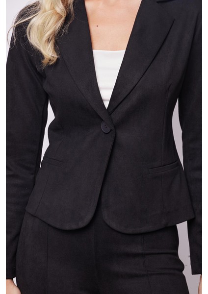 Kadın Kadife Likralı Yumuşak Dokulu Flato Cepli Uzun Kol Düğmeli Blazer Mono Ceket-Siyah fırsatları