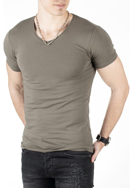 Haki Erkek/Unisex Slim Fit Dar Kesim Bisiklet Yaka Pamuklu Likralı Basic Tişört 1801131 indirimleri