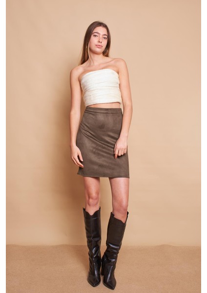 Kadın Hafif Likralı Süet Kumaş Yüksek Bel Diz Üstü Kalem Etek-Haki